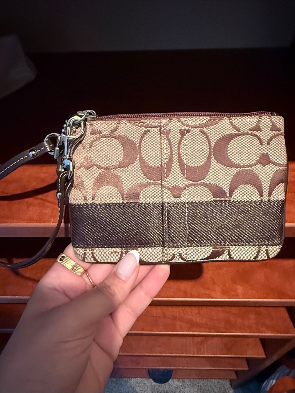 Coach Brown Signature Canvas Wristlet with Dark Brown Trim